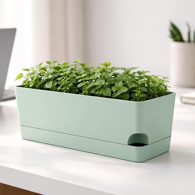 Party Zealot Window Boxes Planters, 5 Pack Self Watering Pots for Indoor Plants 17 Inch Rectangular Planter Rectangle Flower Pots Long Plant Pot Large Window Sill Herb Planter Box, Green