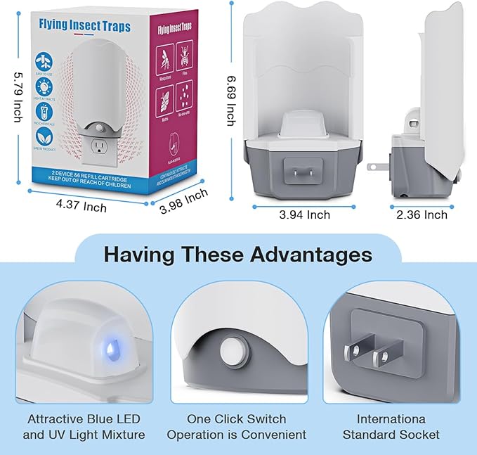 Fly Trap Indoor, 2 Plug-in Fly Catchers with 6 Refill Glue Cards, Ideal for Fruit Flies, Gnats, Mosquitoes, House Flies, Moths & Other Flying Pests – Perfect for Household Use