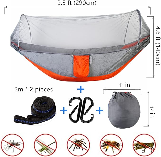 LFL Portable Camping Hammock with Mosquito Net, 1-2 Person Outdoor Swing Hammock, Nylon Parachute Material, Outside Quick Opening, Hiking Travel Courtyard (Orange)