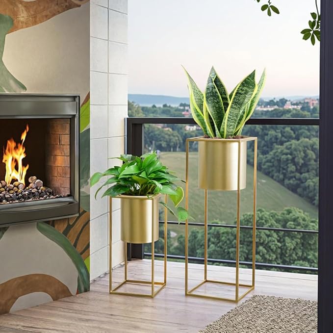 TRIROCKS Set of 2 Large Planters with Stand Gold Planter for Indoor Plants 28 &18" H Morden Plant Pots for Living Room Corner Kitchen Office Garden Balcony Patio Decor(Gold)