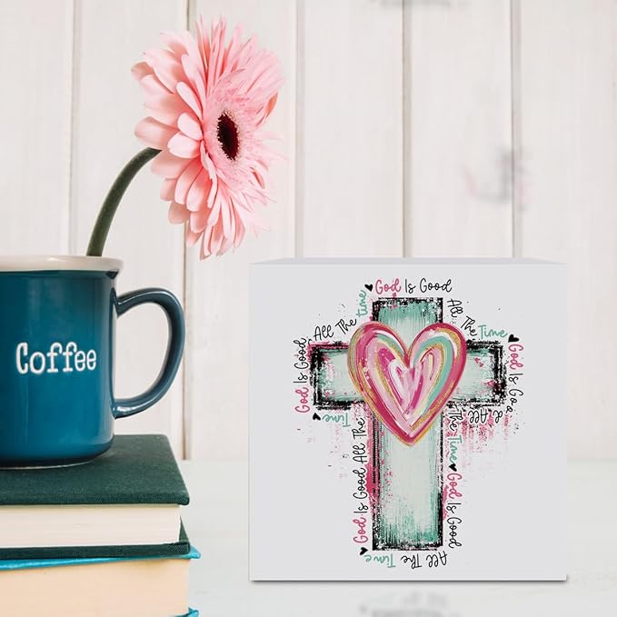 Valentines Day Decorations, Valentines Day Gifts for Her Him, Gift for Boyfriend Girlfriend, Romantic Watercolor Heart Cross Anniversary Christian Wooden Box Sign Husband Wife Home Office Desk Decor