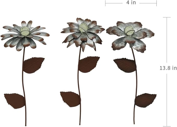 Voltogar 3 PCS Flower Stake Galvanized Metal Decoration for Garden & Outdoor, 13.8" H Glass Globe Glow in Dark Plant Pick Ornament Water-Proof Garden Art for Lawn & Patio