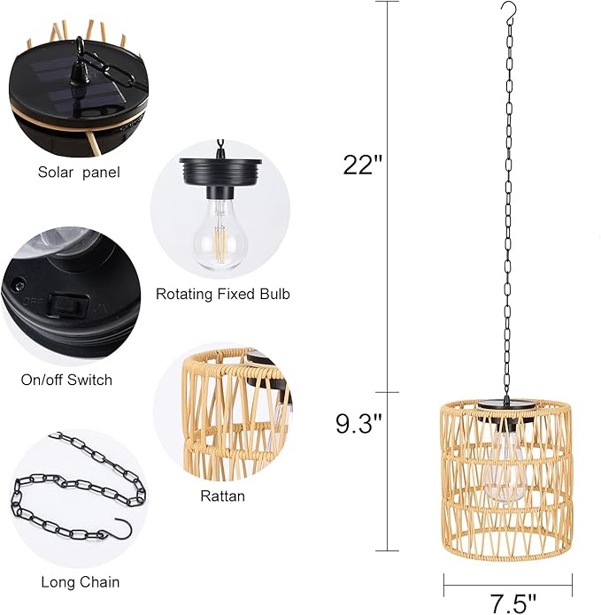Livinlarge Solar Chandelier Lantern,Outdoor Rattan Pendant Lights,Waterproof Boho Hanging Lamps with Edison Bulb for Gazebo Tree Porch Yard Porch Patio Garden Backyard Decor