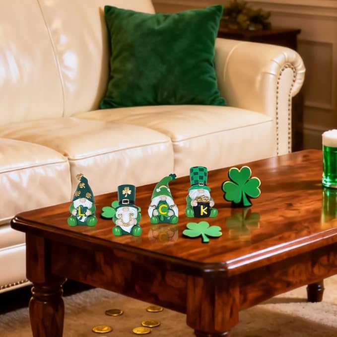 MEETYAMOR St Patricks Day Decorations, 4 PCS Gnome Resin Figurine for St Patricks Day Decor, Luck Sign Irish Green Clover Leprechaun Figurines Standing for Home Table, Mantel, Shelf