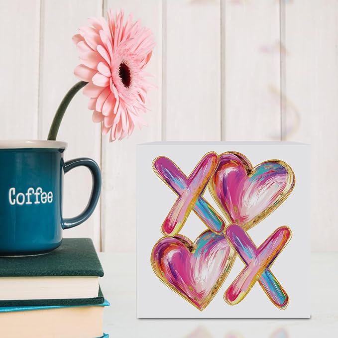 Valentines Day Decorations, Valentines Day Gifts for Her Him, Gift for Boyfriend Girlfriend, Romantic Pink Abstract Heart Anniversary Wooden Box Sign Husband Wife Home Office Bedroom Desk Decor