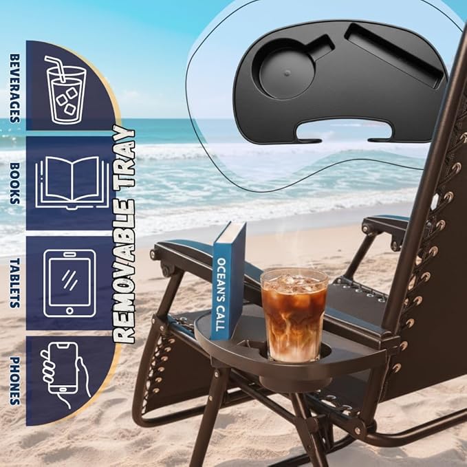 EZONE Zero Gravity Lounge Chairs Outdoor Adjustable Reclining Patio Chair Steel Mesh Folding Recliner for Pool Beach Camping Lounge Chair with Pillows and Cup Tray (2, Beige)