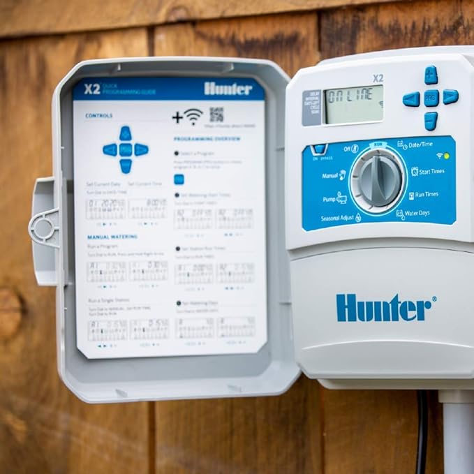 Hunter X2 4 Zone Sprinkler Controller, Outdoor Irrigation Timer for Lawn and Garden, Smart Watering with Weather-Based Scheduling and Cycle and Soak, Smart Controller Ready with Optional WiFi Module