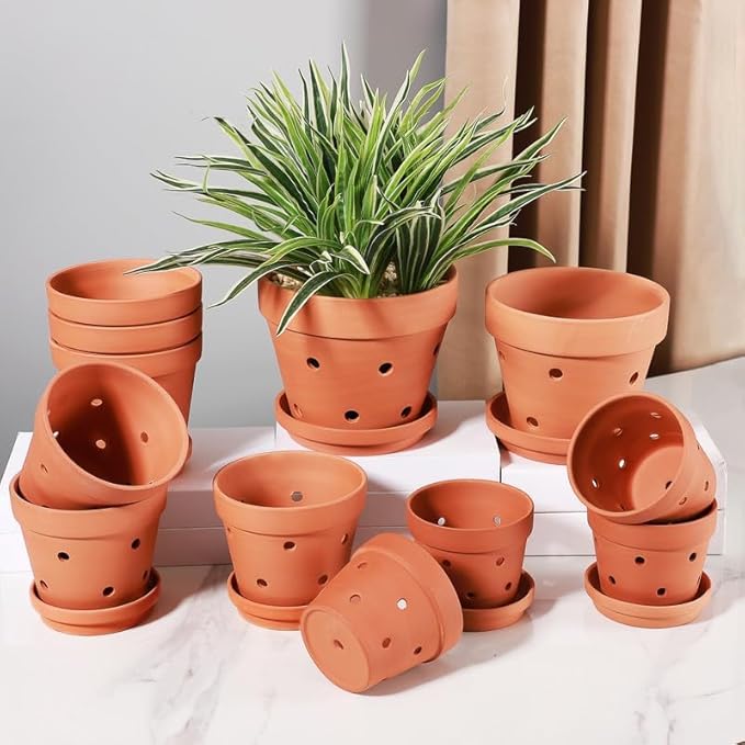Yishang 6 Inch Clay Orchid Pots With Drainage Holes & Saucers - 6 Pack Large Terracotta Planters for Repotting, Indoor & Outdoor Plant Flowers, Promotes Air Circulation