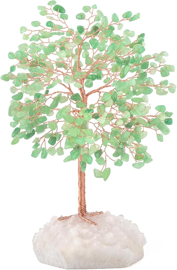 MASGEMES Crystal Tree of Life,Natural Green Aventurine (406 Gemstone Count) Clear Quartz Cluster Base,Chakra Positive Energy FengshuiGood Luck Home Decor,Gift Size 8.5-9 Inches