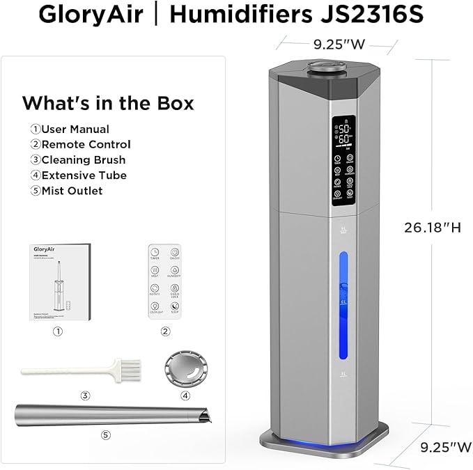 Humidifiers for Bedroom - GloryAir 2.38Gal/9L Dual Atomizers Top Fill Humidifier for Large Room 2000ftยฒ with Auto Rotation 7-Color Light Humidistat Quiet Commercial Humidifiers for House Plants Baby