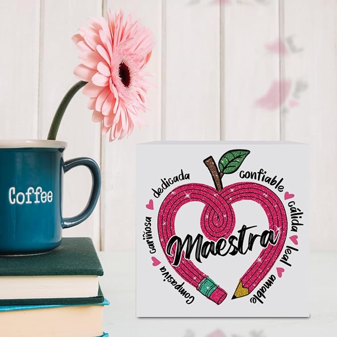 Teacher Valentine Decor Gift, Spanish Teacher Appreciation Gifts, Vintage Valentines Day Gifts for Teachers, Graduation Birthday Gift, Heart Pencil Wooden Box Sign for Office Desk Decor