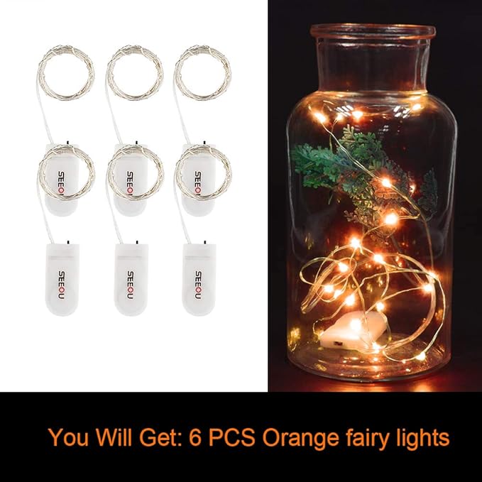 YKB 6 Pack Orange Fairy String Lights Battery Operated Fairy Lights Starry String Lights on 3.3ft/1m Silvery Copper Wire DIY Christmas Decoration Costume Wedding Party Halloween Easter
