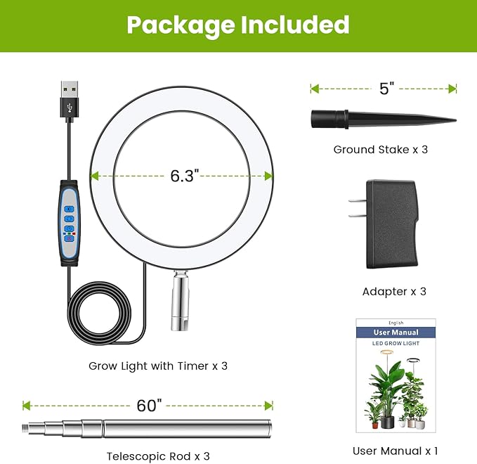 Black Grow Light, Full Spectrum LED Plant Lighs for Indoor Growing with 6/12/16H Timer, 3 Color Modes, 5 Brightness, 10"-60" Height Adjustable Grow Lamp for Tall Indoor Plants (3 Pack)