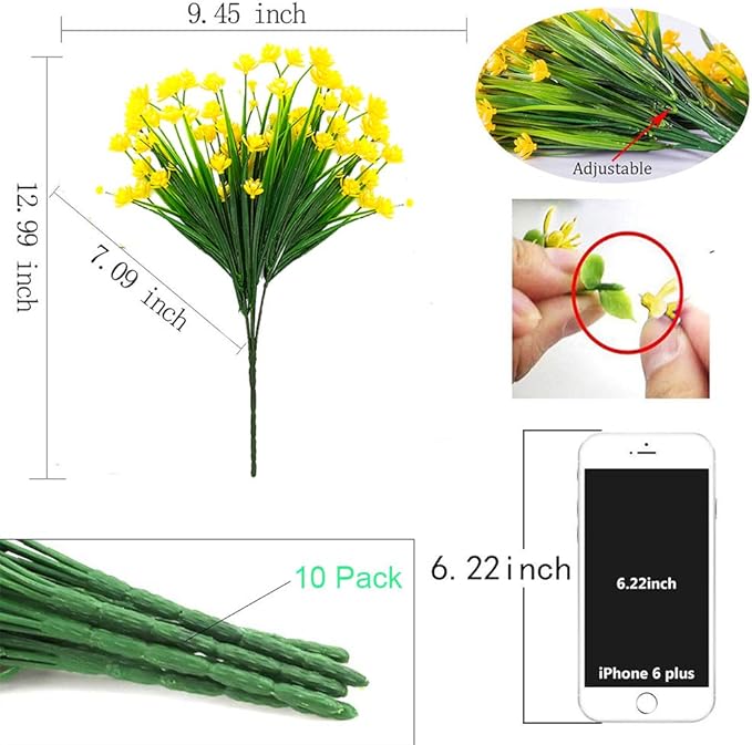 Grunyia Artificial Flowers Outdoor UV Resistant Fake Plants Indoor Outside Hanging Planter Home Garden Decor, 10 Bundles (Yellow)