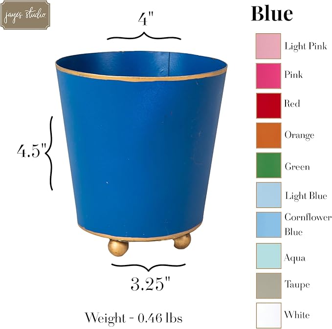 Jaye's Studio Mattie Blue, Decorative Round Cachepot & Planter, Matte Blue, Gold Trim & Finish, Hand-Painted, Handcrafted Metal, Luxury Indoor Planter, Size 4"