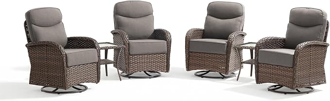 Outdoor Swivel Rocking Chair Patio Set (6PCS), High-Back - Thick Cushion Swivel Rocking Chair Patio Set, All-Weather Wicker Patio Furniture Set, Suitable for Balcony Patios, Brown/Gery