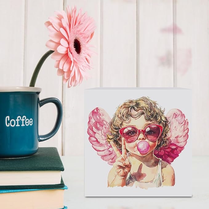 Valentines Day Decorations, Valentines Day Gifts for Her Him, Gift for Boyfriend Girlfriend, Pink Rustic Cupid Blowing Bubble Anniversary Wooden Box Sign Husband Wife Home Office Bedroom Desk Decor