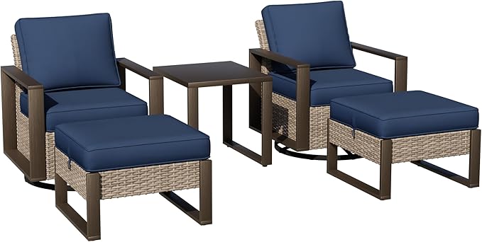 Outdoor Patio Swivel Rocker Chairs, 5 Pieces Wicker Furniture Set, 2 Swivel Rocking Chairs, 2 Ottoman and 1 Table, Metal Wide Armrest, Thick Cushions and Deep Seating for Garden, Backyard, Porch, Deck