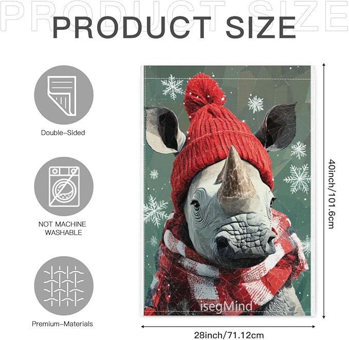 Rhino with Red Scarf and Hat Snowflake Christmas Garden Flag, 28x40 Inch Double Sided Linen Holiday Red Winter Farmhouse Yard Outdoor Decoration (4338)