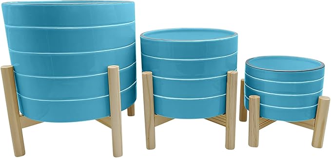 Ceramic Planter Pot – Modern Plant Holder with White Stripes and Wooden Base, Indoor Outdoor Decorative Pot for Living Room, Entryway, Bedroom or Patio – Stylish Home Décor Accent – 6", Blue