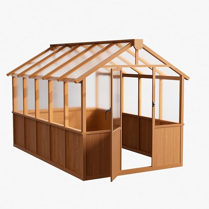 6x10 FT Wooden Greenhouse,Natural Wood Garden House for Plants,Heavy Duty Green House with Polycarbonate Panel, Walk-in Large Garden Greenhouse for Yard, Patio, and Backyard