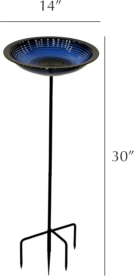 BYER OF MAINE Circles Post Bird Bath, Outdoor Garden and Patio Decor, Porcelain, Glaze Finish, Steel Mounting Post, Outside Bird Pond Fountain, 14"x14"x30", Cobalt Blue