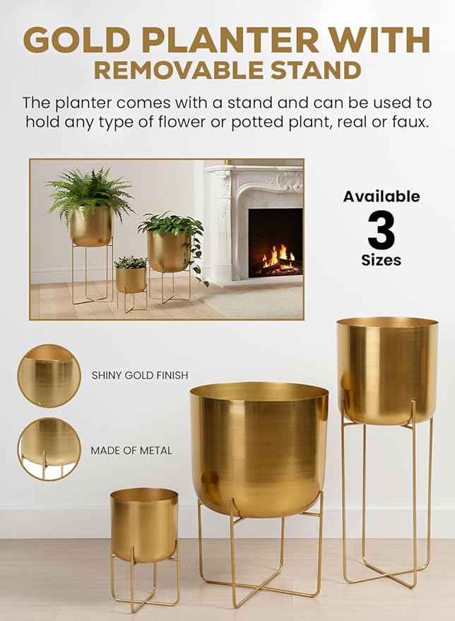 Serene Spaces Living Modern Mid‑Century Metal Indoor Planter with Stand, Gold Planter Pot, Indoor Plants – Decorative Planter Holder for Living Room, Kitchen & Office, 14" Diameter & 24" Tall