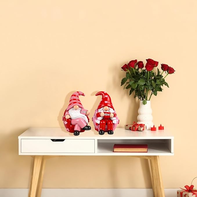 Valentines Day Gnome Decorations 2 PCS Resin Figurines Indoor Collectible Gifts for Him Cute Holiday Decor for Table Home