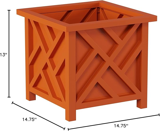 Lattice Design Planter Box - 14.75-Inch-Square Decorative Outdoor Flower or Plant Pot - Front Porch, Patio, and Garden Decor by Pure Garden (Terracotta)