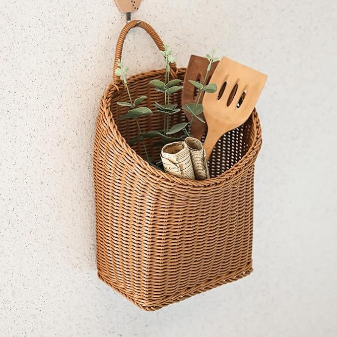 Woven Hanging Wicker Basket for Door, Handmade Rattan Hanging Wall Baskets for Garden Farmhouse Home