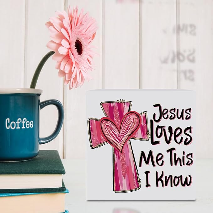 Valentines Day Decorations, Valentines Day Gifts for Her Him, Gift for Boyfriend Girlfriend, Pink Heart Cross Jesus Bible Verse Anniversary Christian Wooden Box Sign Wife Home Office Desk Decor