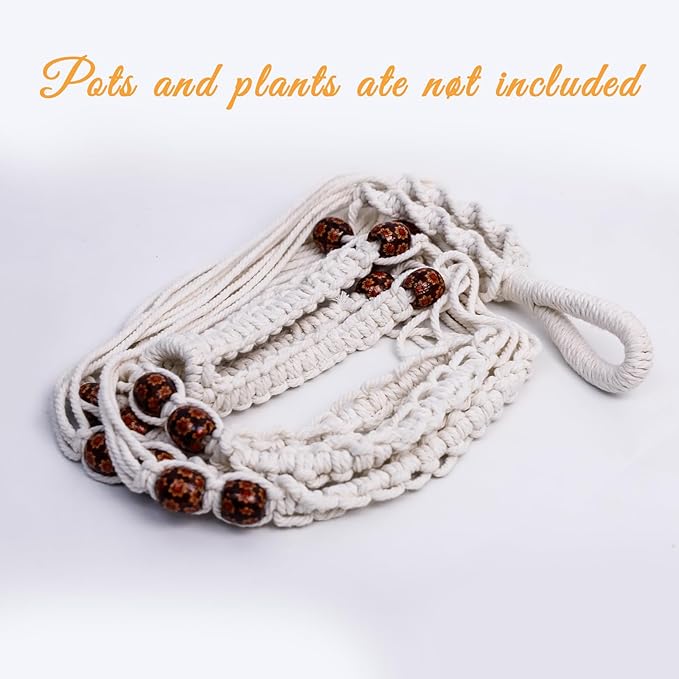HOREAKHJ 35 Inch Macrame Plant Hanger, Large for up to 15 Inch Pot Extra Long Hanging Planter Holder Basket with Wood Beads for Indoor Outdoor Home Decor (Ivory, 2-Pack)
