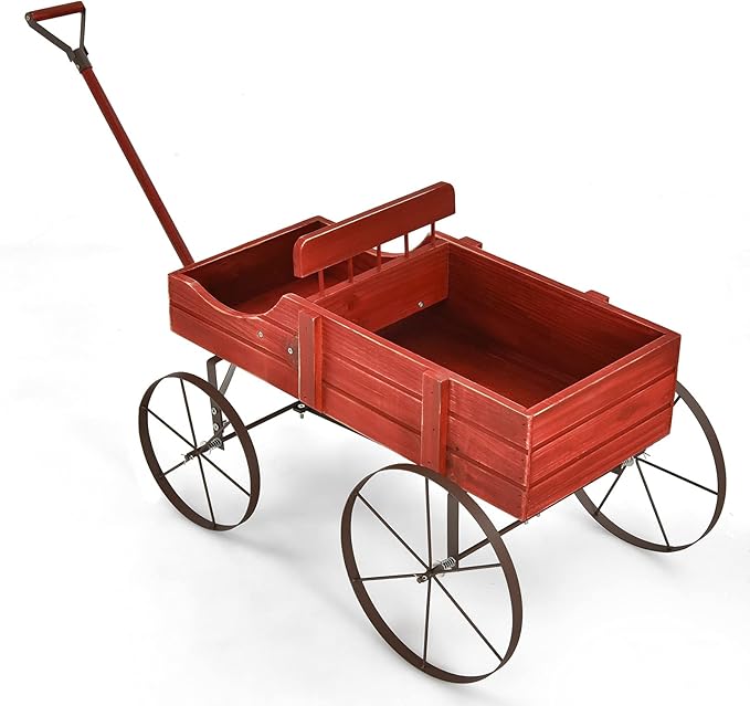 Giantex Decorative Garden Planter, Small Wagon Cart with Metal Wheels, Wood Raised Beds Plant Pot Stand for Backyard Garden Patio 24.5"x13.5"x24" (Red)