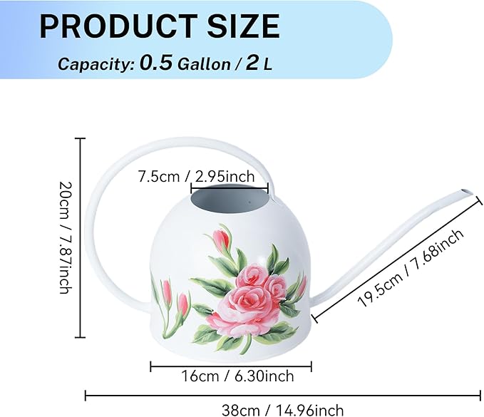 MOYEE Small White Metal Long Spout Watering Can Outdoor Indoor Spray Bottle for Plants Hand Drawn Patterns,1/2 Gallon Plant Mister Durable Metal Structure Lawn Garden Watering Equipment