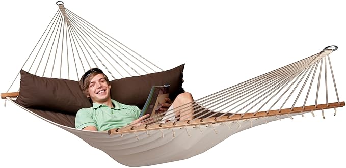 LA SIESTA® Alabama Quilted Hammock with Spreader Bar & TreeMount, Fabric Tree Hammock with Tree Straps for Beams Posts - Weatherproof Outdoor Hammock - 2 Person Double Hammock Bed - XL King, Arabica