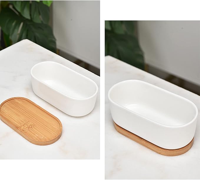ARVINKEY White Ceramic Succulent Plant Pots, Indoor and Outdoor Succulent Planters, Set of 2 Small Cactus Containers, Bonsai Pots, Flower Pots with Drainage Hole and Bamboo Bowl (No Plant)