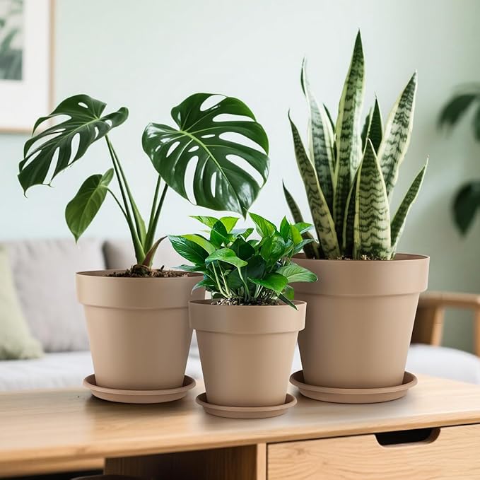 RooTrimmer 3-Pack 8/9/10 Inch Plastic Plant Pots with Saucers – Durable BPA-Free Planters with 21 Drainage Holes, Bottom Watering Design for Indoor & Outdoor Use, Succulents, Herbs, Flowers – Khaki