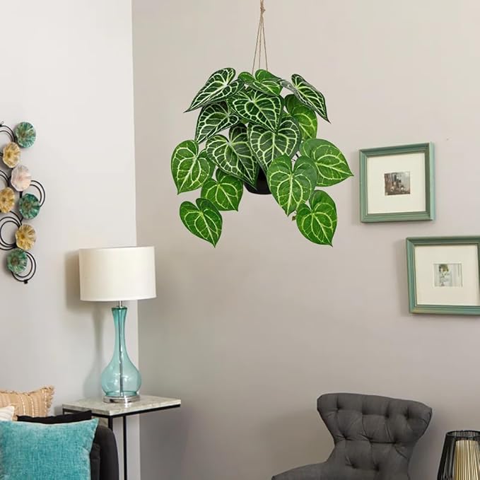 Fake Hanging Plant in Black Pot Artificial Syngonium Podophyllum Plant Faux Greenery Leaves for Wall Bedroom Office Desk Bathroom Indoor Outdoor Home Decor