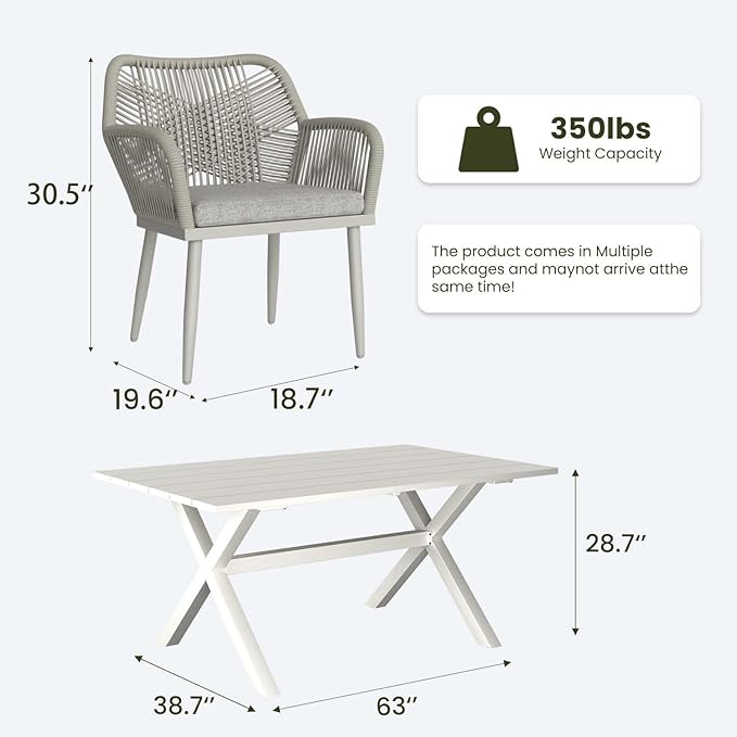 LayinSun Outdoor Dining Set for 6, 7 Pieces Patio Furniture Sets with Aluminum Dining Table and Rope Weave Chairs