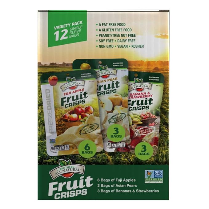 Brothers All Natural Freeze Dried Fruit Crisps, Variety Pack, 24 Single Serve Bags, Fuji Apple, Asian Pear, Banana Strawberry, Made with 100% Fruit, Gluten Free, Soy Free, Vegan, Healthy Snack