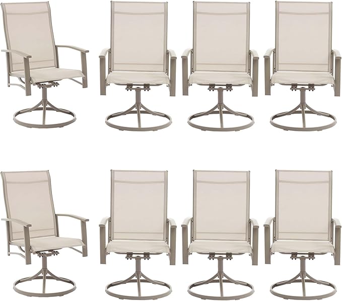 Outdoor Swivel Dining Chair Set of 8, All Weather Patio Dining Chair with Textilene High Back and Metal Frame for Backyard, Lawn Garde and Deck, Beige Ivory