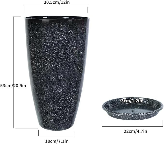Megawodar 2 Pcs Pack 21 Inches Plastic Resin Tall Tapered Planter Pots Large Round Planter Flower Pot with Drainage Holes for Indoor Outdoor Deck Porch Garden Home Patio Front Door (Black, L)
