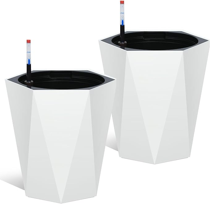 GarveeLife 16 in Tall Diamond Planters Set of 2, Self Watering Planters with Water Level Monitor, Flower Pots Outdoor and Indoor for Patio, Porch, Living Room, Home Office, White