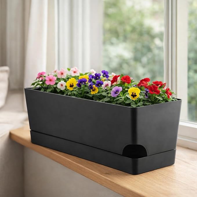 Party Zealot Self Watering Pots for Indoor Plants, 5 Pack Window Boxes Planters 17 Inch Rectangular Planter Rectangle Flower Pots Long Plant Pot Large Window Sill Herb Planter Box, Black