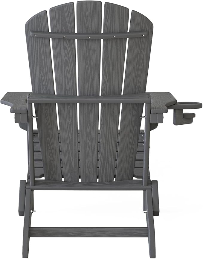 Plawdlik Folding Adirondack Chair Set of 6 with Cup Holder,Wooden Textured ,Heavy All-Weather HDPE Comfortable Set Poolside Backyard Lawn, Gray