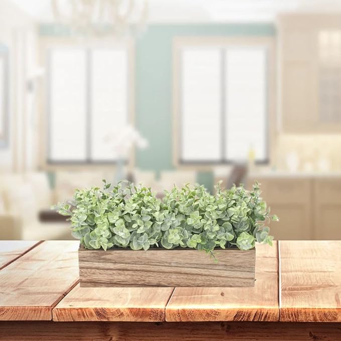 Artificial Eucalyptus Potted Plants Fake Potted Plants Rectangular Wooden Planter Box Artificial Eucalyptus Leaves for Suit Office Party Table Indoor and Outdoor Decor