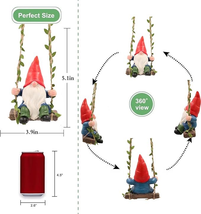 Garden Gnomes Outdoor Statue,Garden Gnome on Swing, Gnomes Decorations for Lawn Yard, Indoor and Outdoor Gnome Ornament for Christmas Tree Decor Halloween New Year. (Swing Gnome)