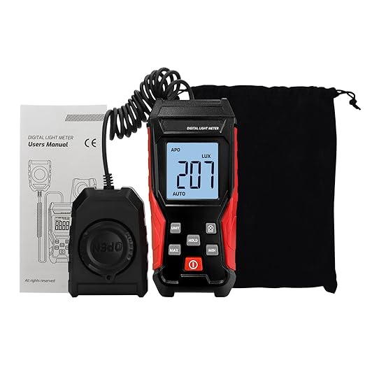 Digital Illuminance Light Meter with Flexible Sensor, Rang up to 200,000Lux Luxmeter with Lux/FC Unit Measurement Backlit 4 Digit LCD Display Light Meter Photography for Plants and Lumens LEDs