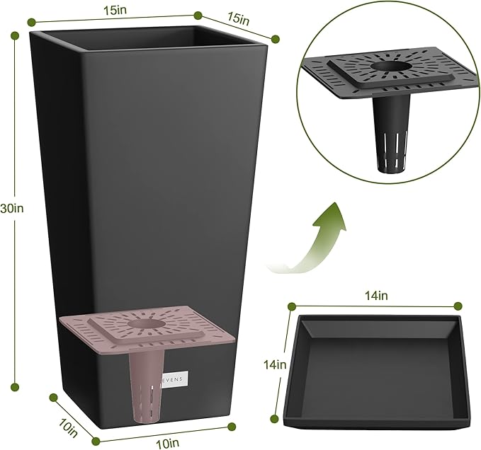 Elevens Outdoor Planter Larger Flower Pots Indoor Taper Garden V-Shape Tall Planters 30 inches Garden Pots Planter with 2 Trays - Black(2 Packs), 30"-2 Pack (USAM004)