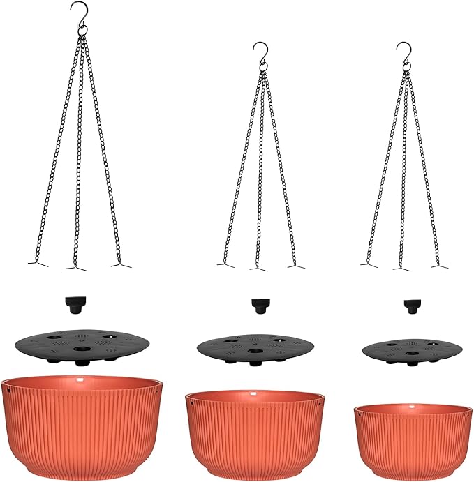 RooTrimmer Hanging Planters 9/10/11 Inch for Indoor Plants, 3 Pack Plant Hanger Outdoor with Drainage Holes, Self Watering Hanging Basket Flower Pot for Garden Home Decor, Light Coral